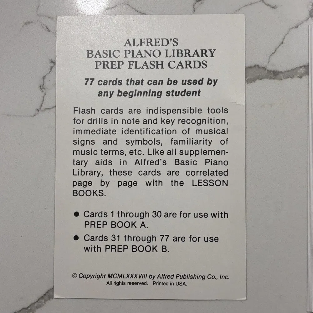 Alfred's Basic Piano Prep Course: Flash Cards Levels A & B Open Package EUC!